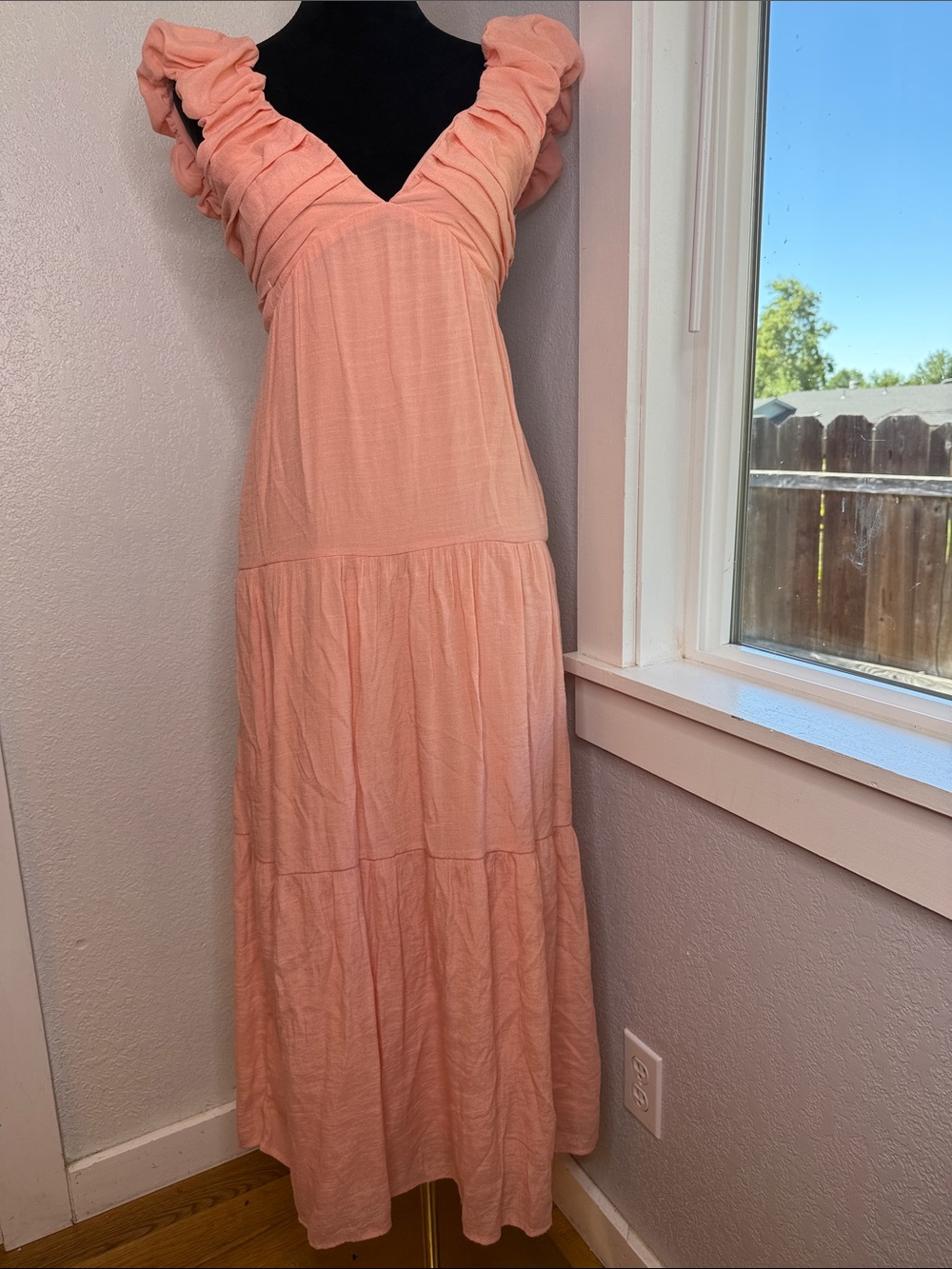 Hunter & Brown Bahama Baby Peach Ruffle Maxi Dress XS Cottagecore Boho Smocked